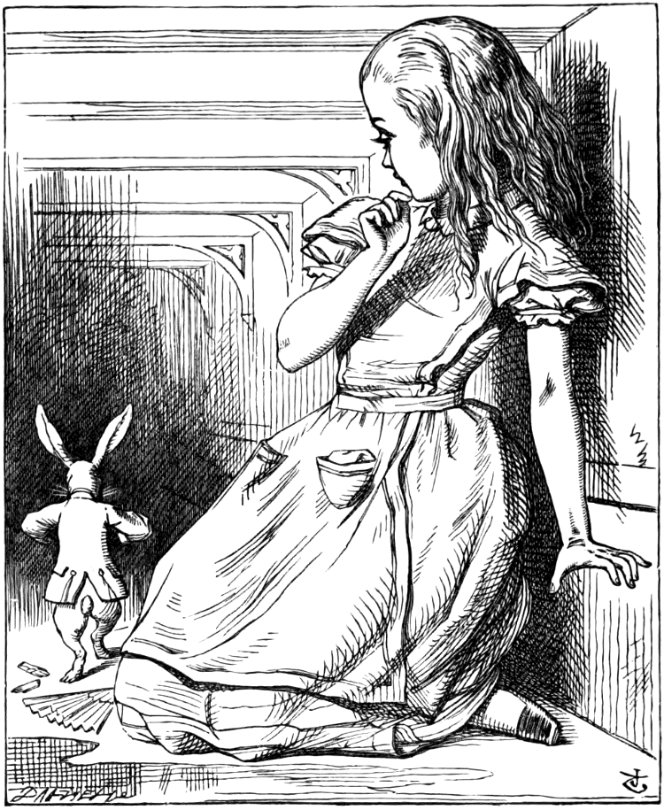 [The Rabbit scurries away from a giant Alice]