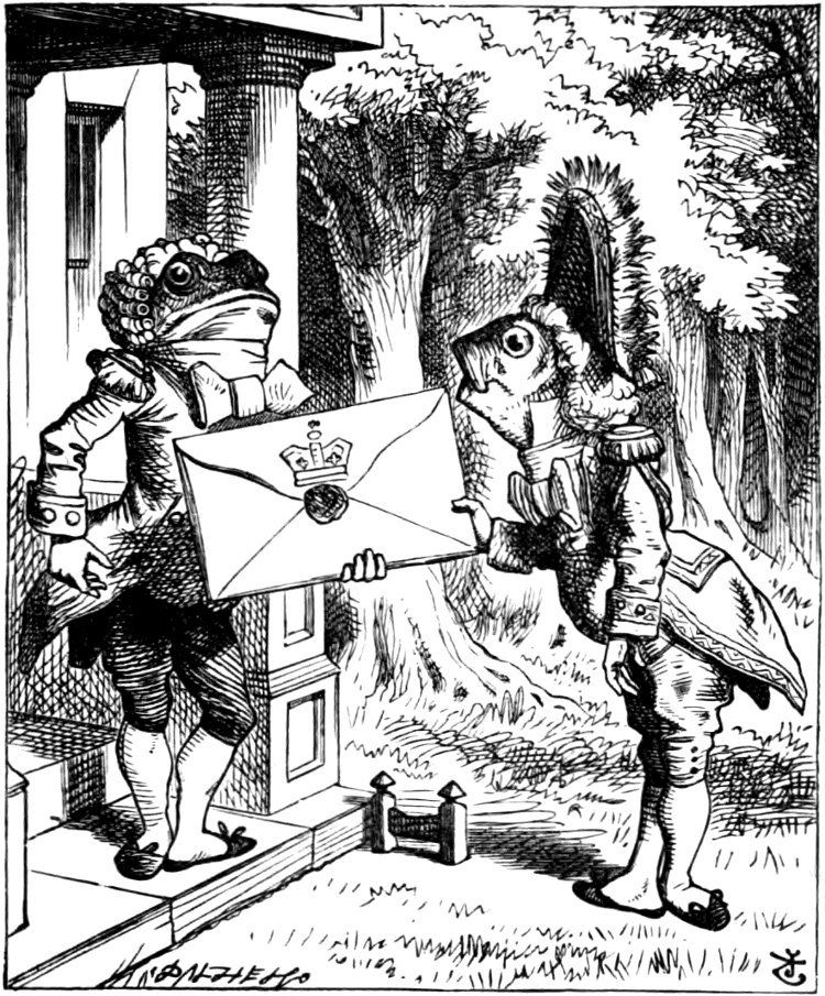 [The Fish-Footman delivers a letter to the Frog-Footman]
