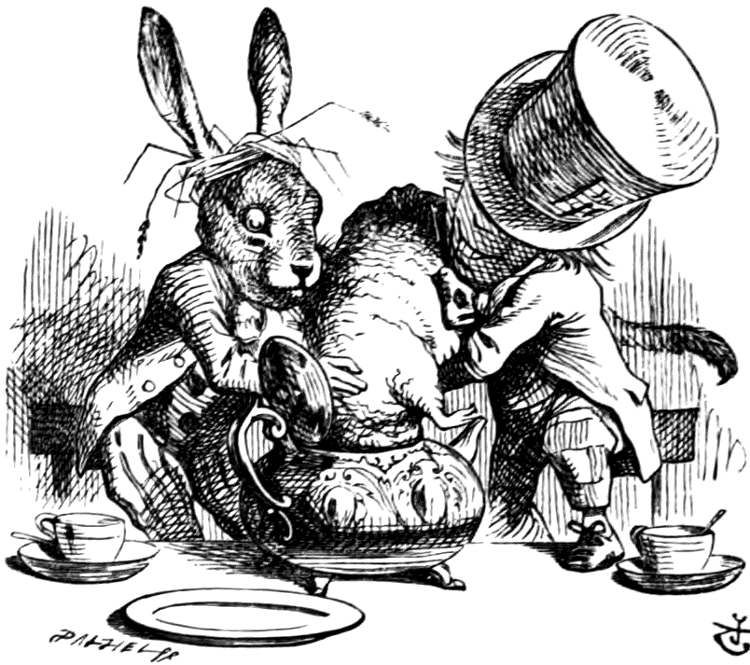 [The Hatter and Hare putting the Dormouse into the teapot]