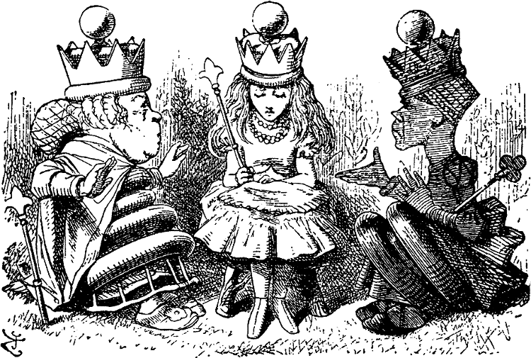 [Alice being cross-examined by the Queens]